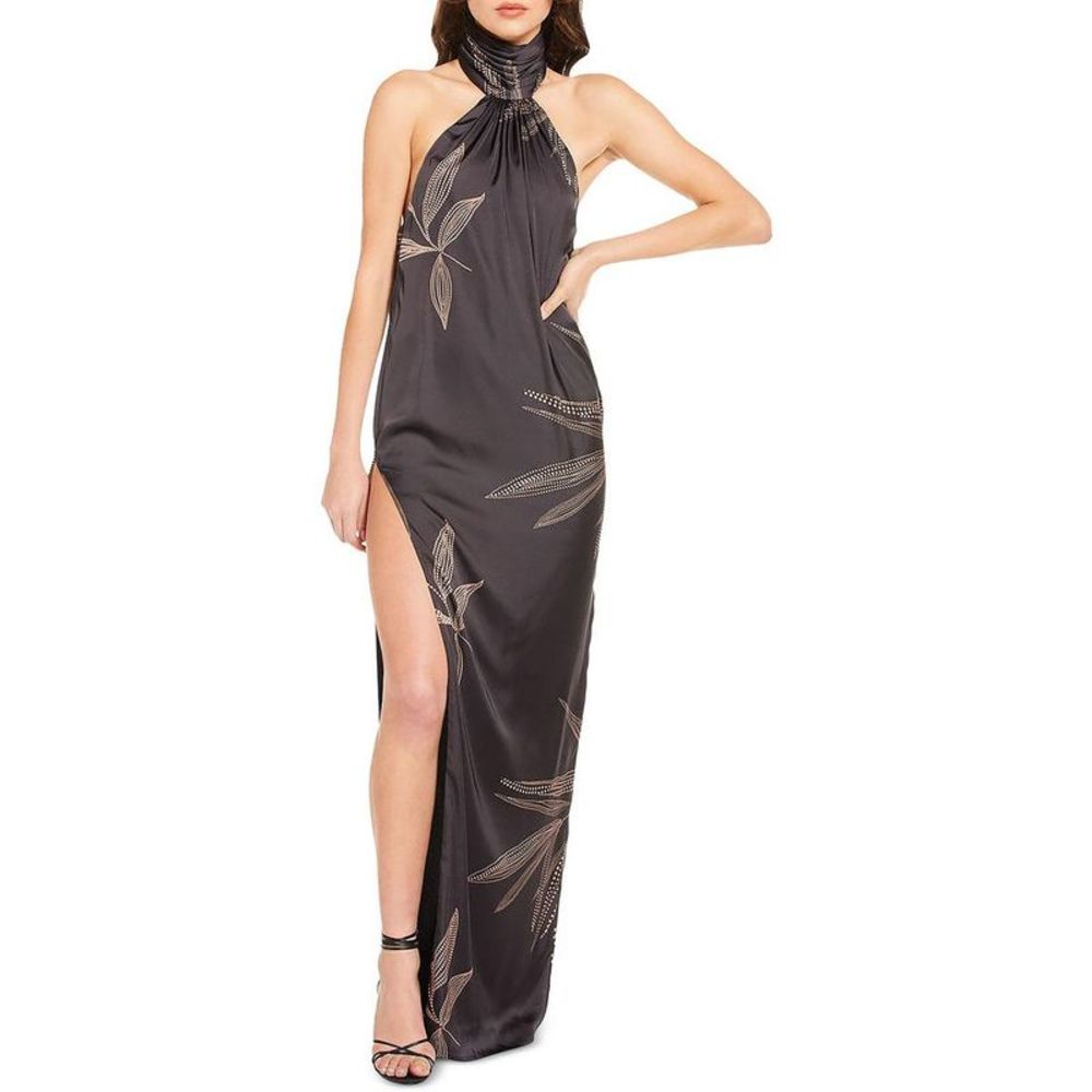 Katie May Womens Sidrit Black Satin Halter Printed Evening Dress Gown NWT